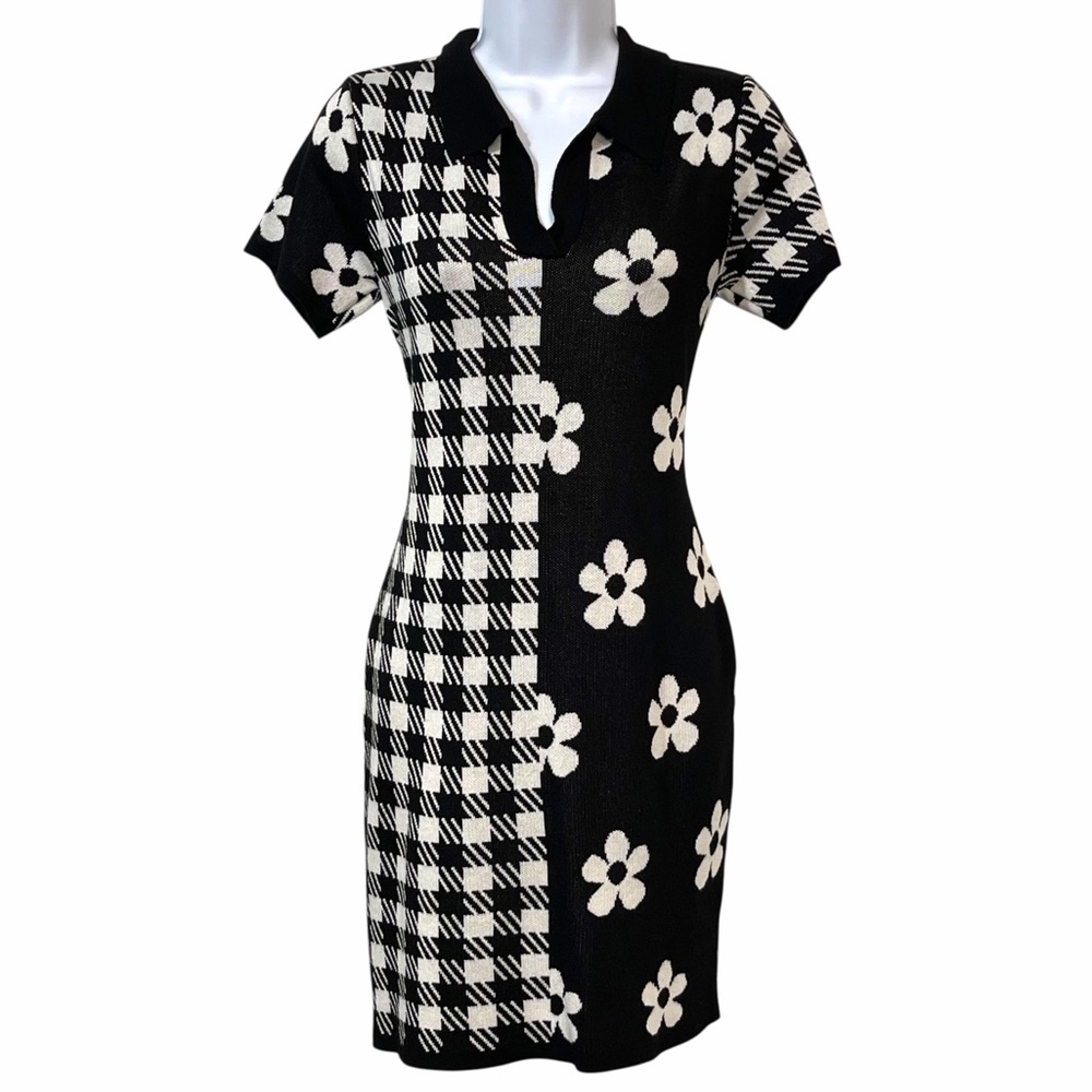 Black and White Mixed Floral Print Knit Dress